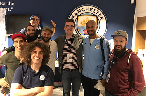 Jonathan Smith (far right) with crew of All or Nothing docu-series, alongside Man City Captain Vincent Kompany (in football top)